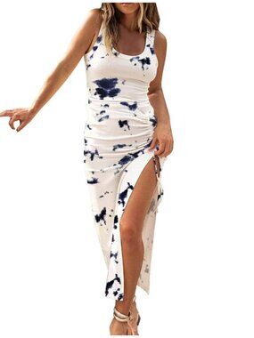 🆕 Womens Ribbed Tank Dress Summer Crew Neck Wrap Dresses Split Casual Sun